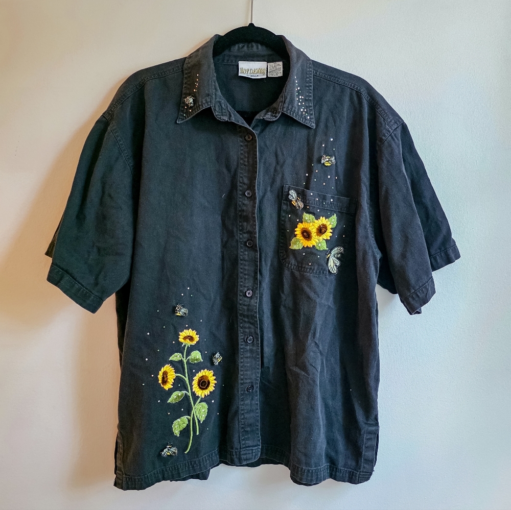 Embroidered Black Button Down Shirt with Sunflowers